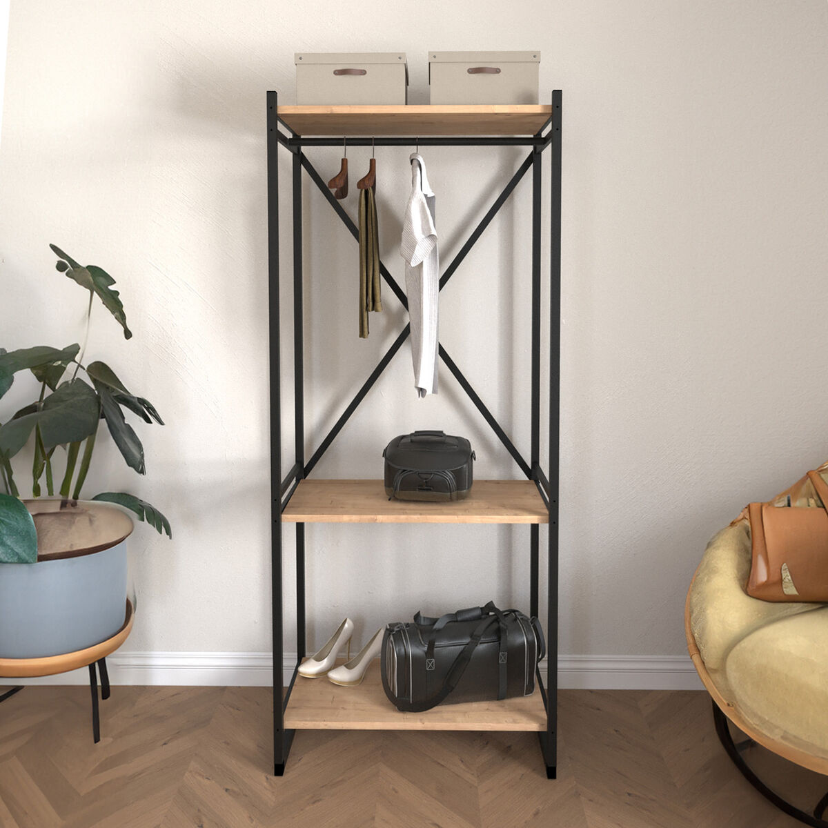 Skåp Alexandra House Living Bert_AR0360 Svart Tölgy Metall Trä MDP 66 x 160 x 34 cm industriell 3 Hyllor - 3