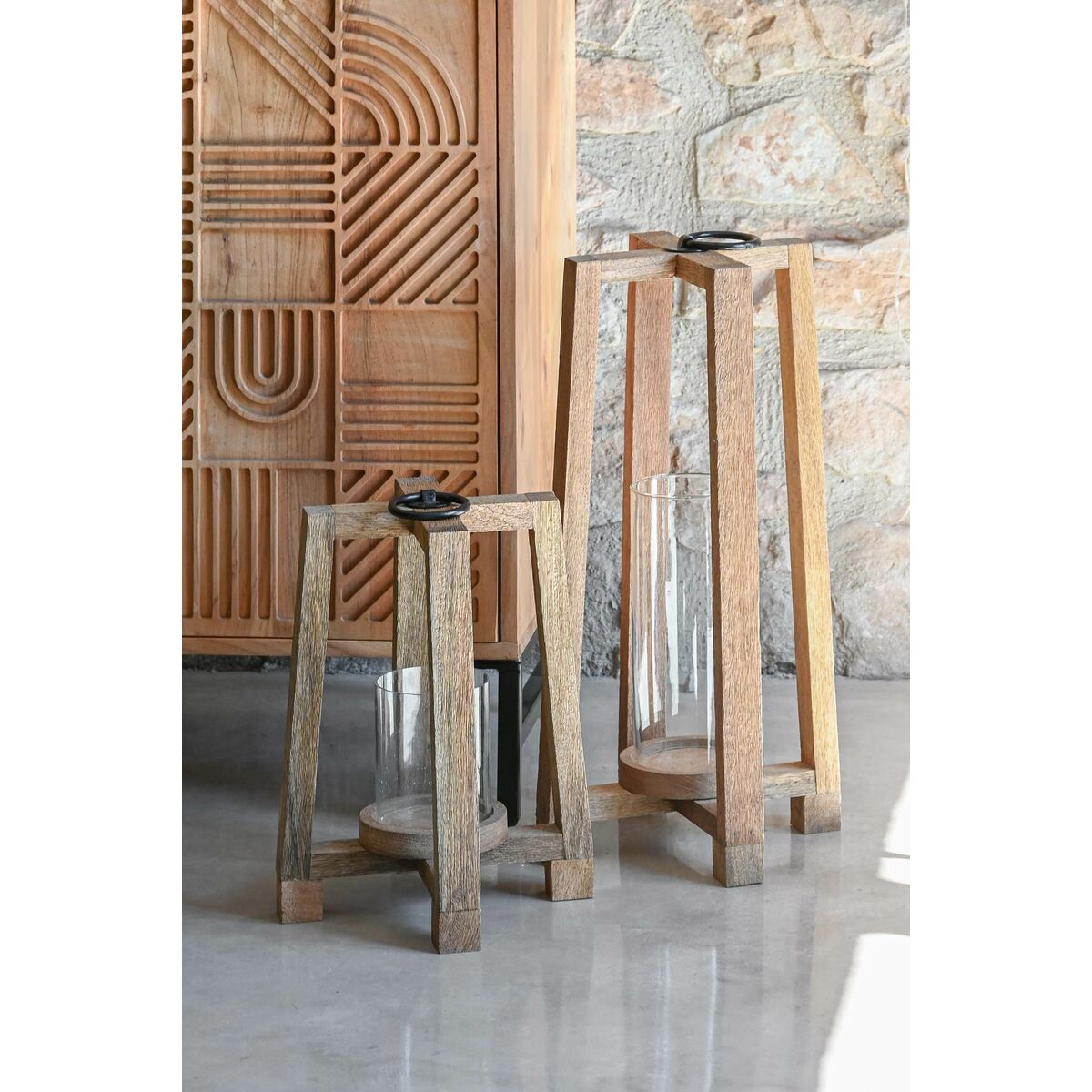 Ljusstakar Home ESPRIT Brun Naturell Glas Mangoträ 25 x 25 x 35 cm - 2