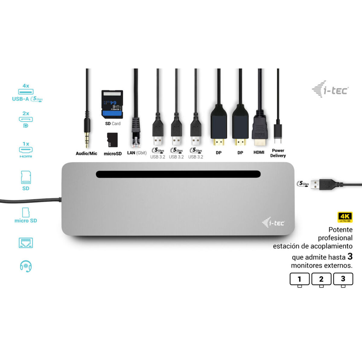 USB-HUB-C i-Tec C31FLAT2PDPRO Silvrig - 2