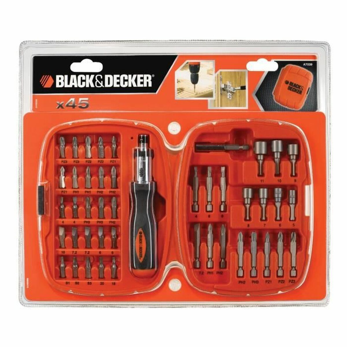 Set med spikar och skruvmejsel Black & Decker A7039 -XJ 45 Delar Hex Phillips Pozidriv Torx - 2