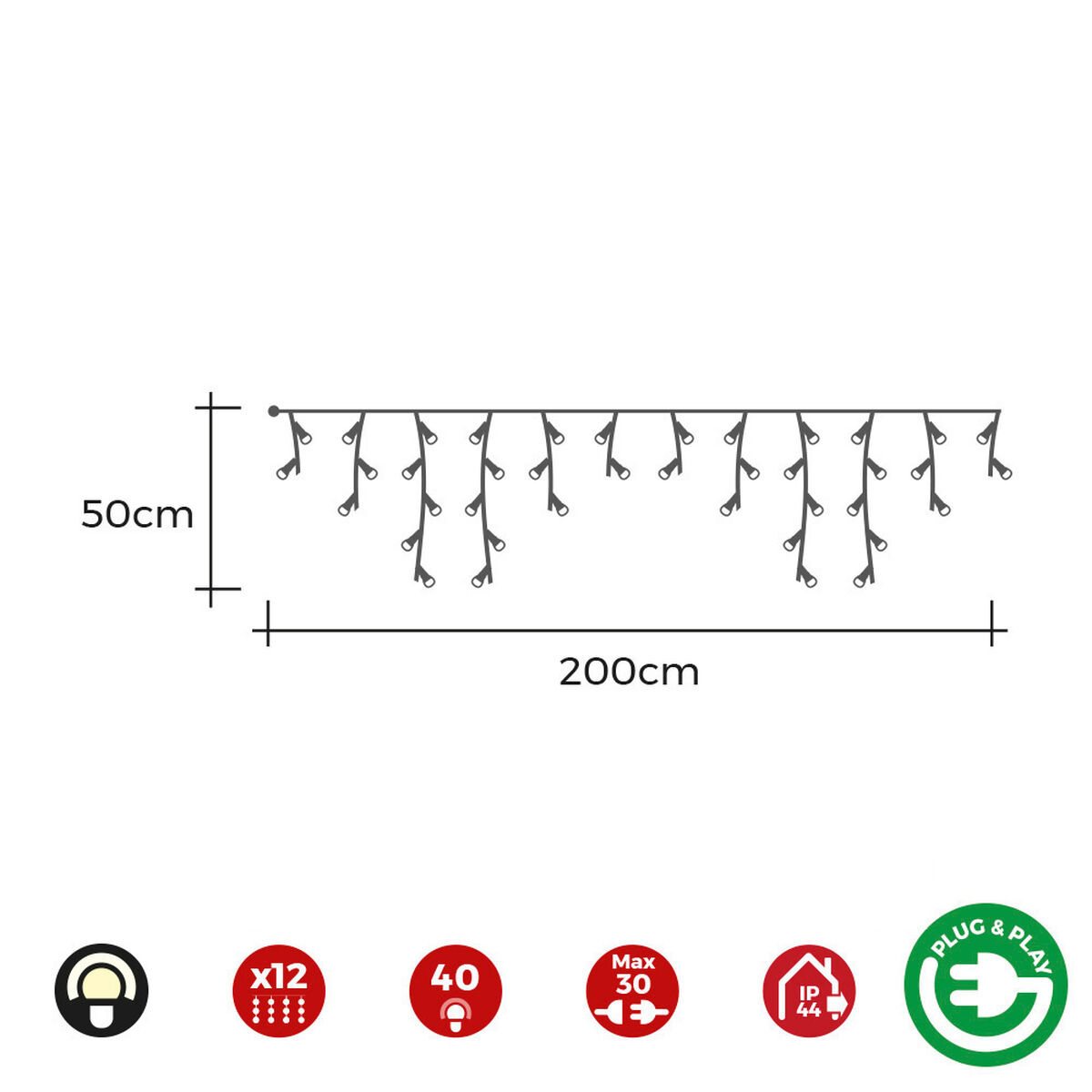 Gardinbelysning med LED EDM 71483 Icicle Easy-Connect 100 W 0,72 W Varmt ljus Varmvit 200 x 50 cm Vit - 4