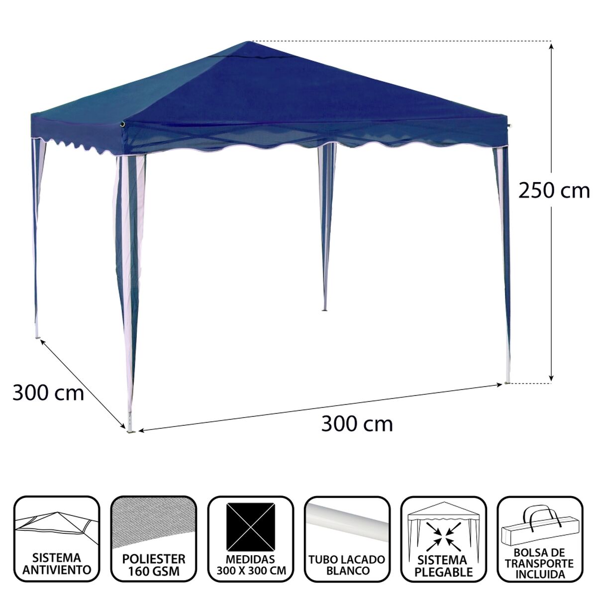 Pergola Gazebo Stål 300 x 300 x 250 cm Blå - 4