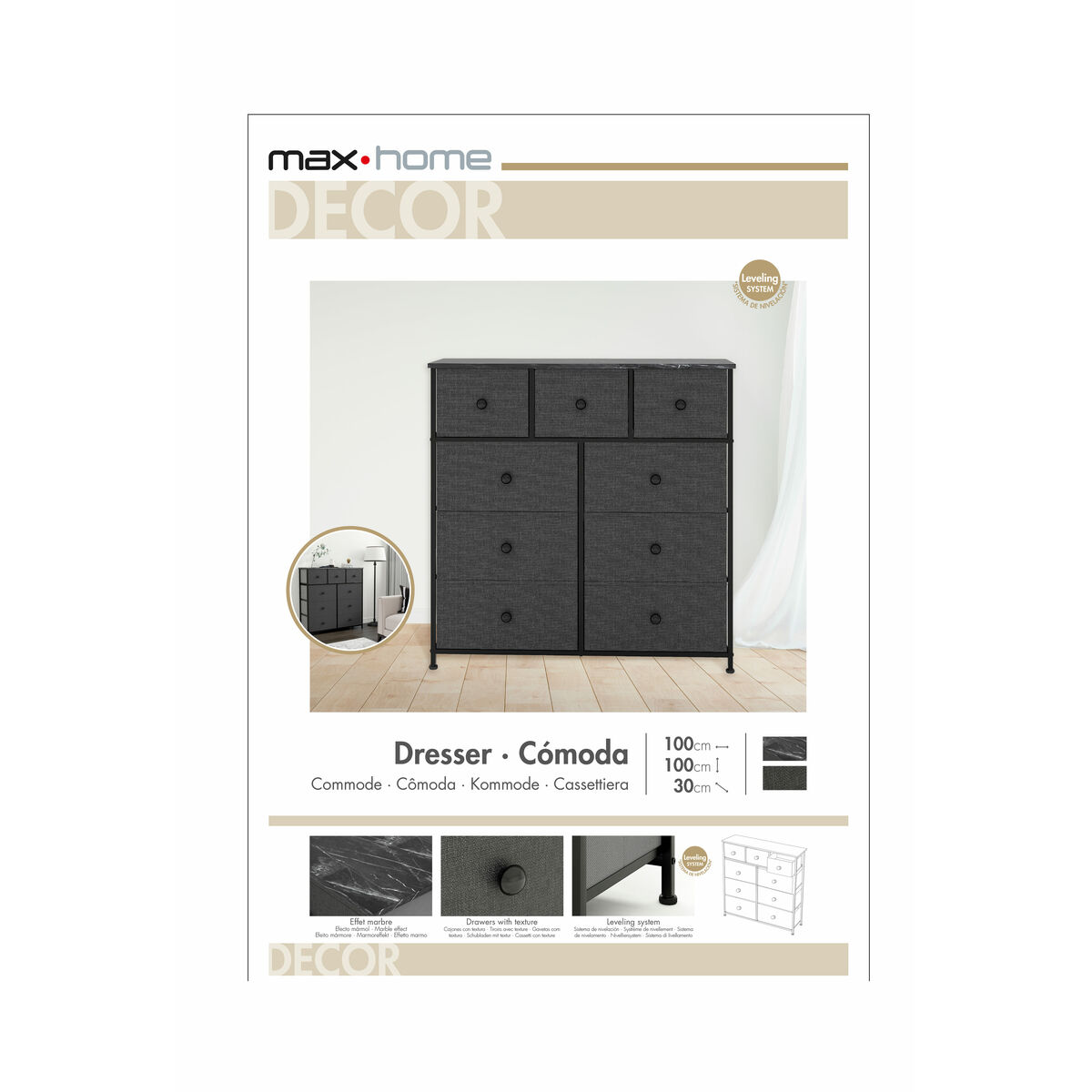 Kommod Max Home Svart Grå Marmor 100 x 100 x 30 cm - 14