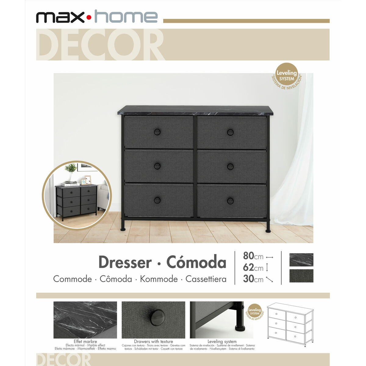 Kommod Max Home Grå Marmor 80 x 62 x 30 cm - 14