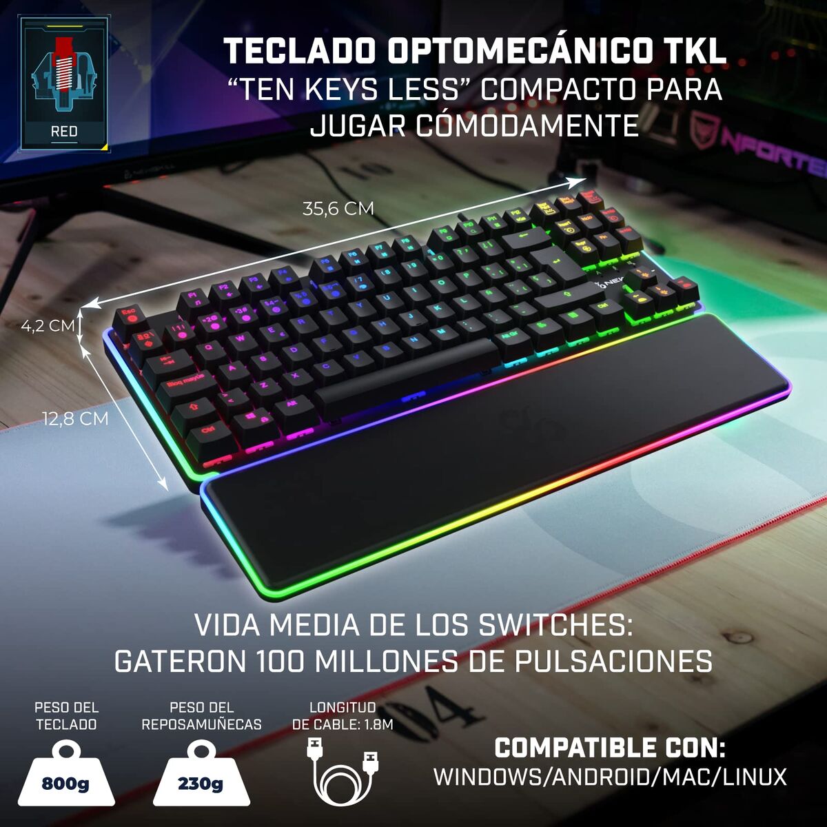 Tangentbord Newskill NS-KB-GUNGNYR-GAT-RE Qwerty Spanska QWERTY Svart - 7