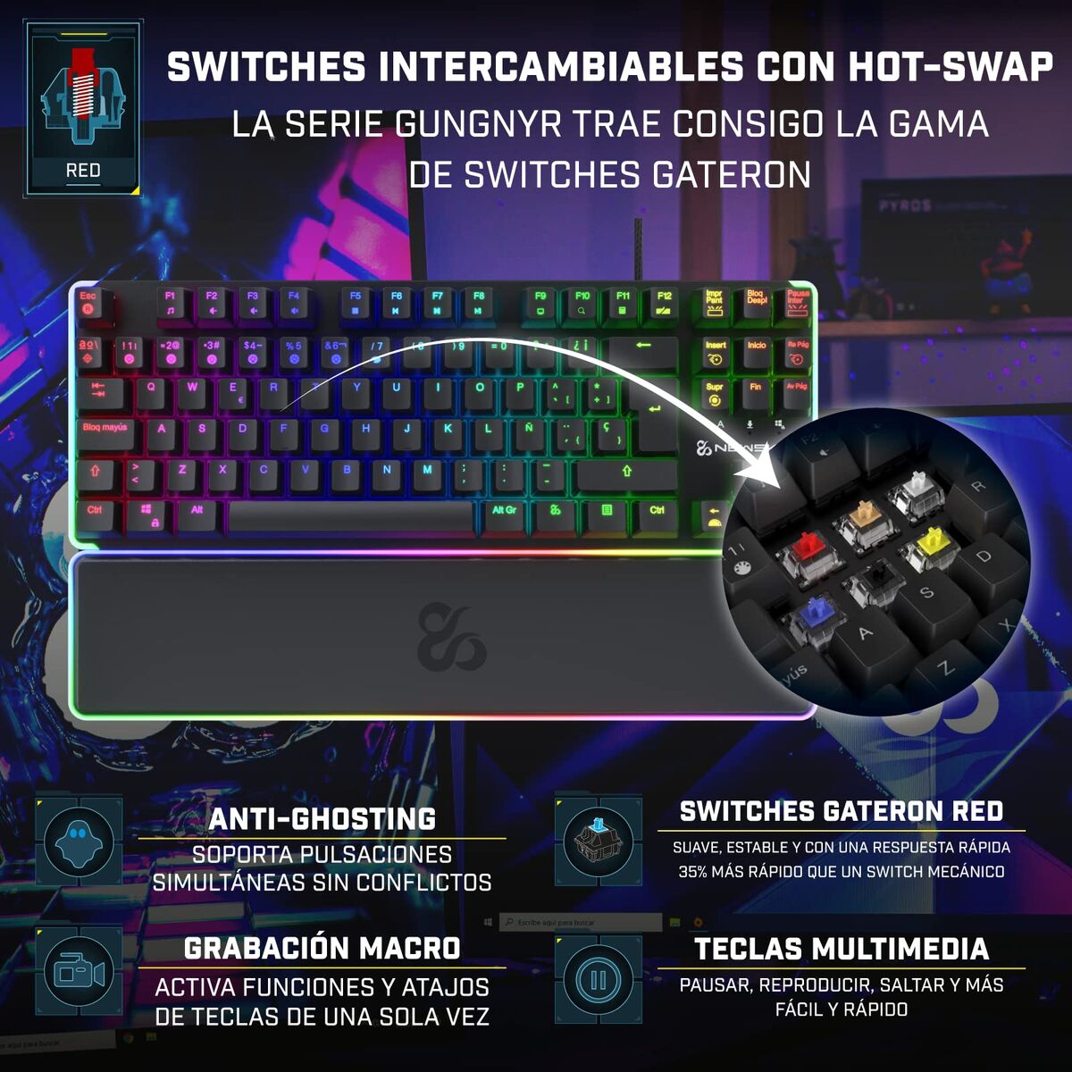 Tangentbord Newskill NS-KB-GUNGNYR-GAT-RE Qwerty Spanska QWERTY Svart - 8
