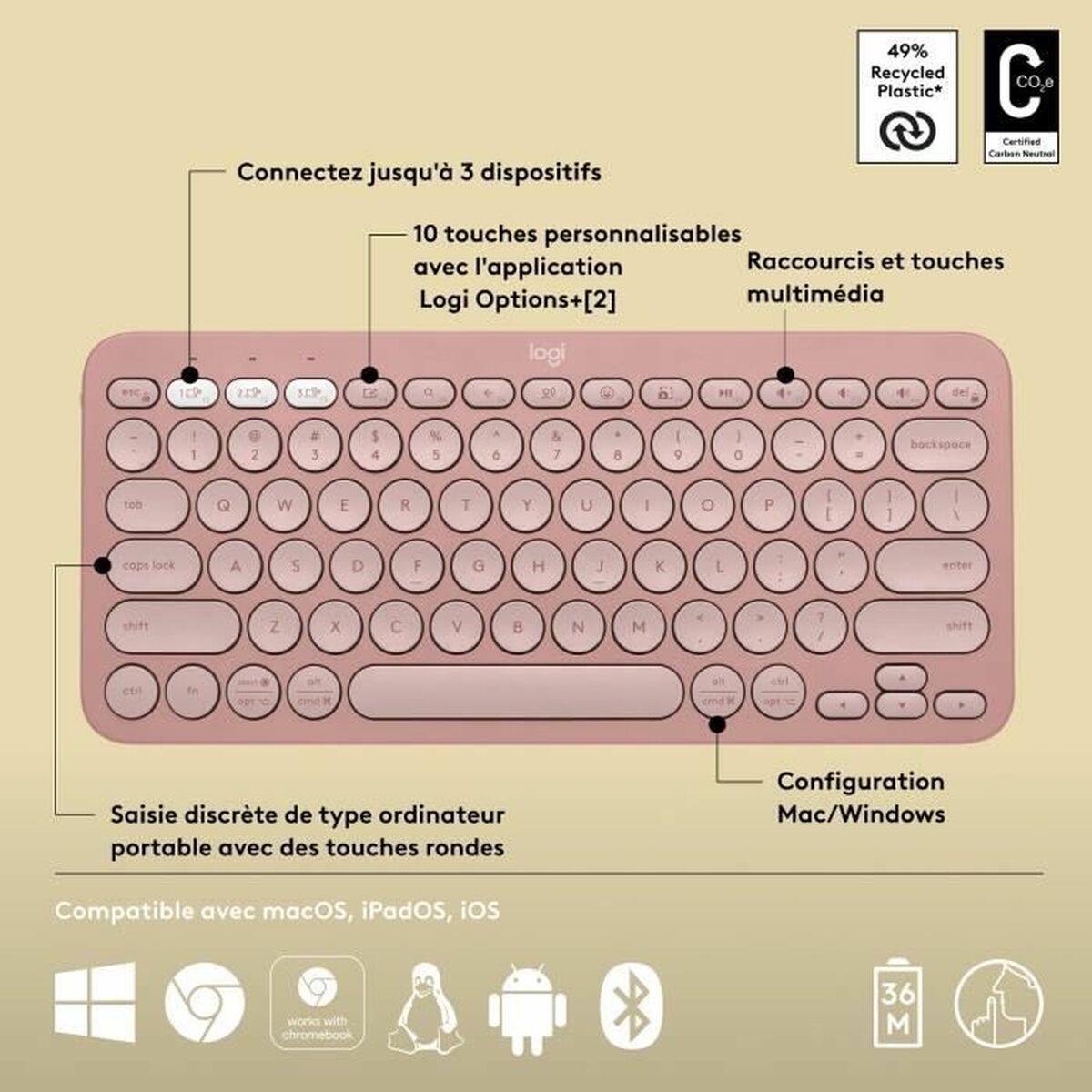 Bluetooth-tangentbord med tabletthållare Logitech K380 Franska Rosa AZERTY - 6