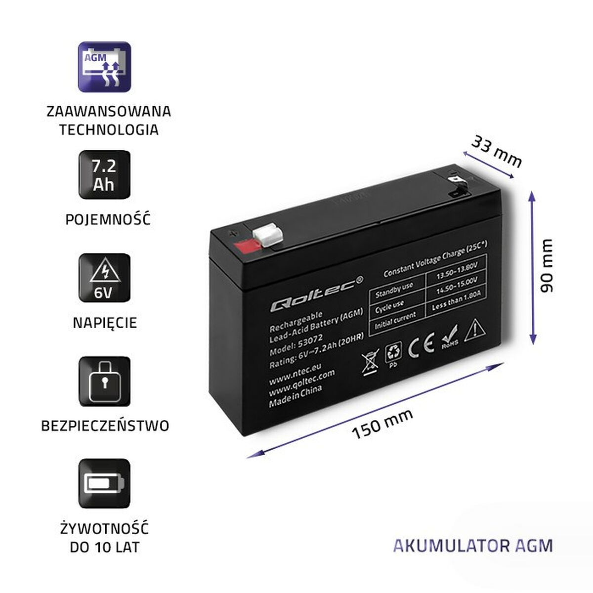 Batteri till System för Avbrottsfri Strömförsörjning UPS Qoltec 53072 7200 mAh 6 V - 3