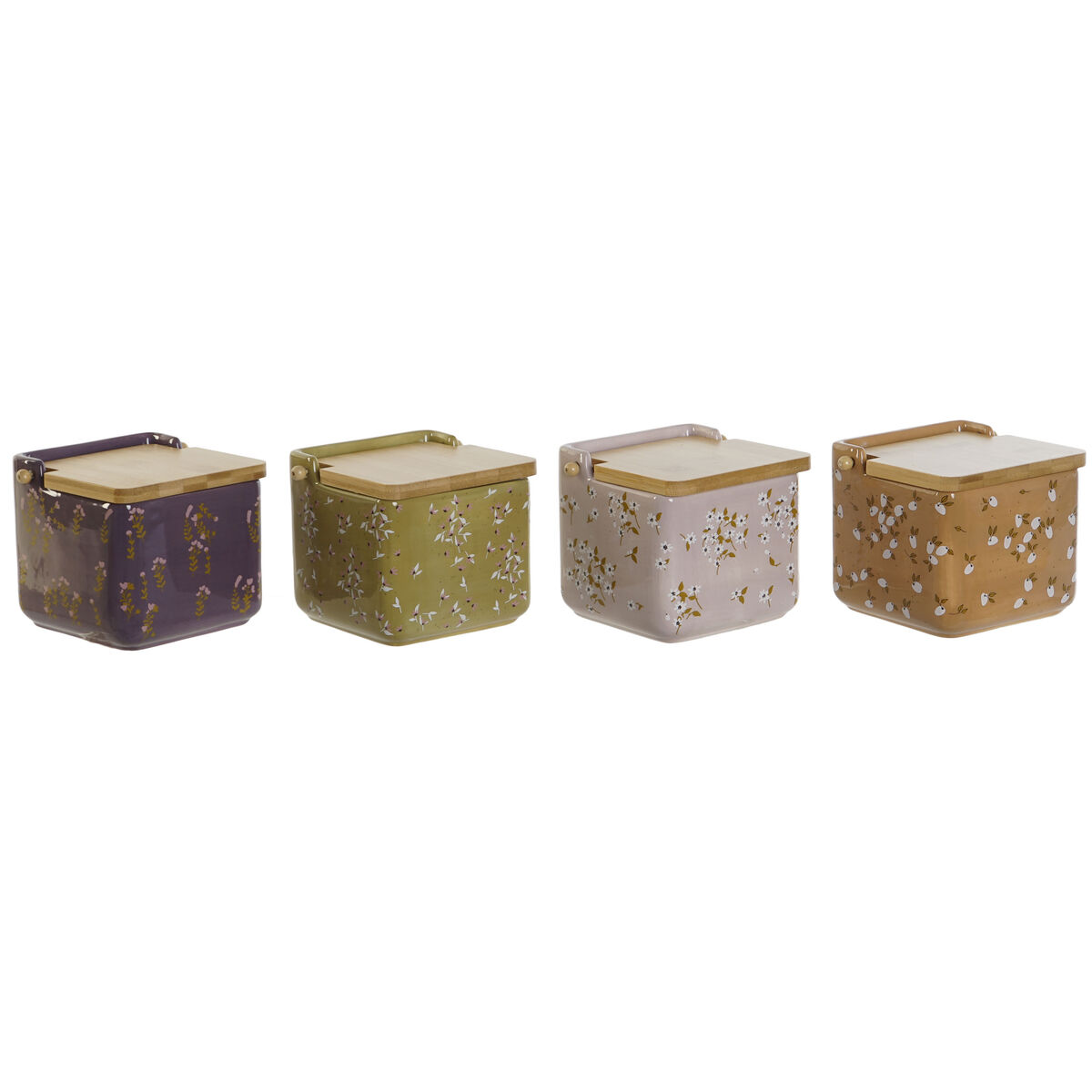 Saltkar med lock DKD Home Decor Grön Rosa Senap Lila Bambu 750 ml 14 x 12,5 x 12 cm (4 antal) - 3