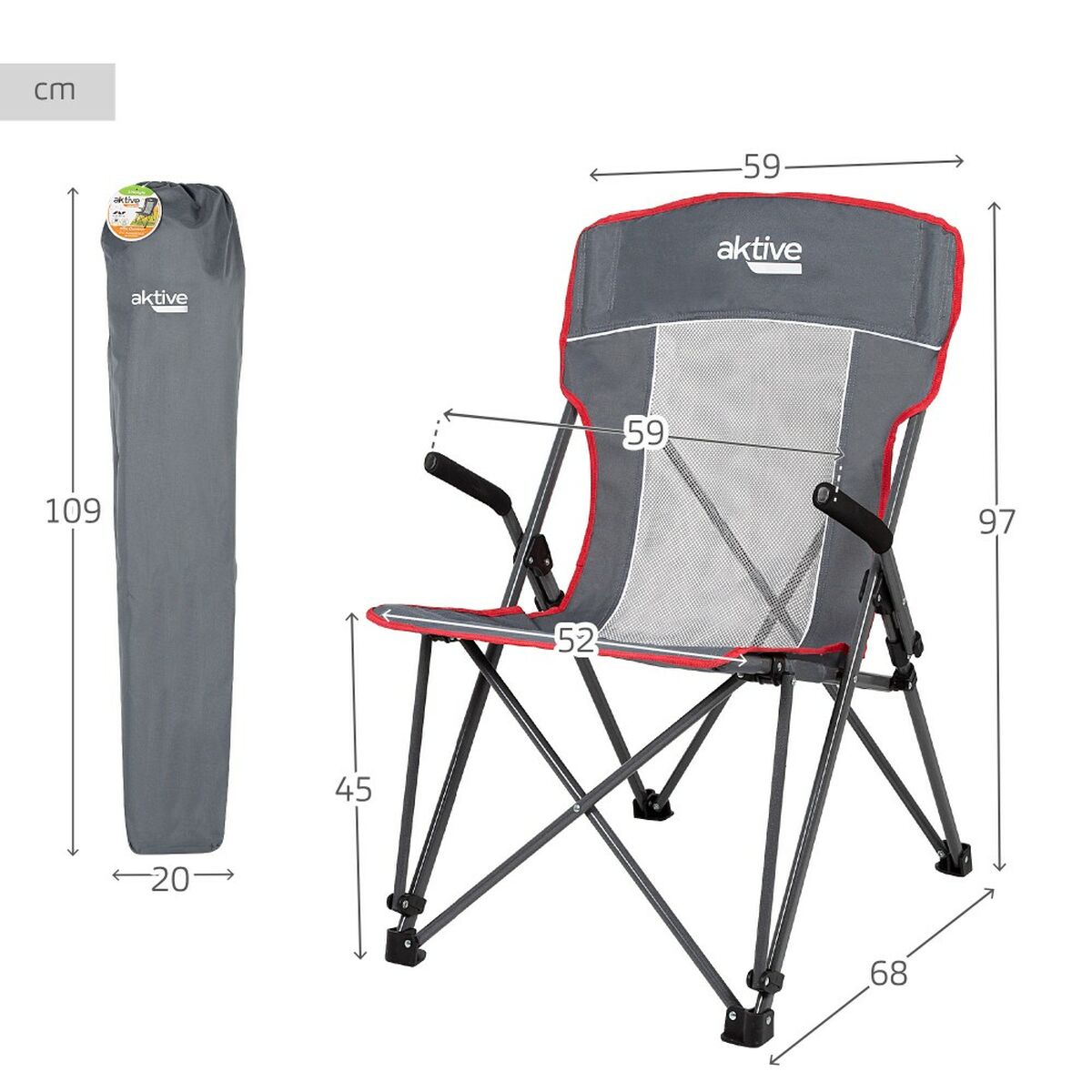 Hopfällbar campingstol Aktive Grå 59 x 97 x 68 cm (2 antal) - 4