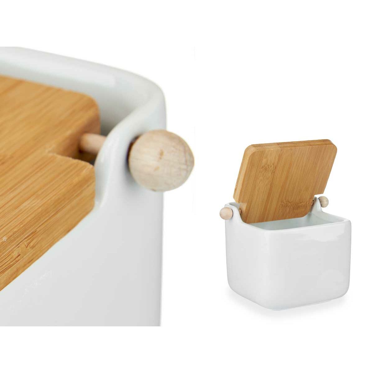 Saltkar med lock Kinvara B5001 Vit Brun Keramik Bambu 800 ml 12 x 11 x 12 cm (6 antal) - 2