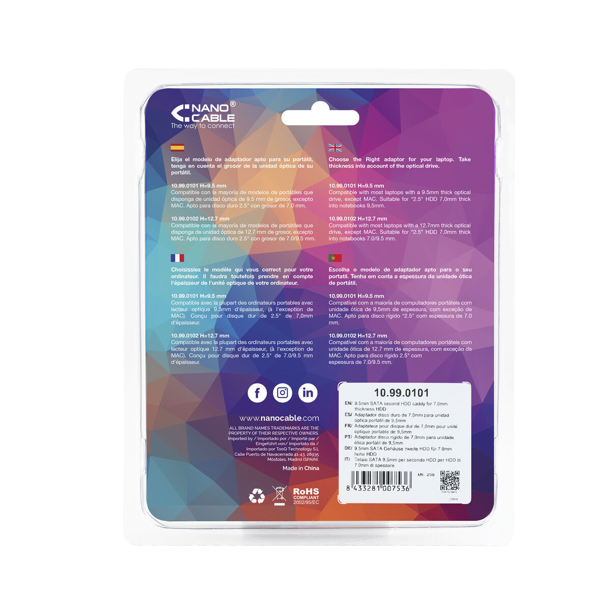SATA adapter till hårddisk (2.5"/ 7 mm) NANOCABLE 10.99.0101 Svart/Silvrig 2,5" - 3