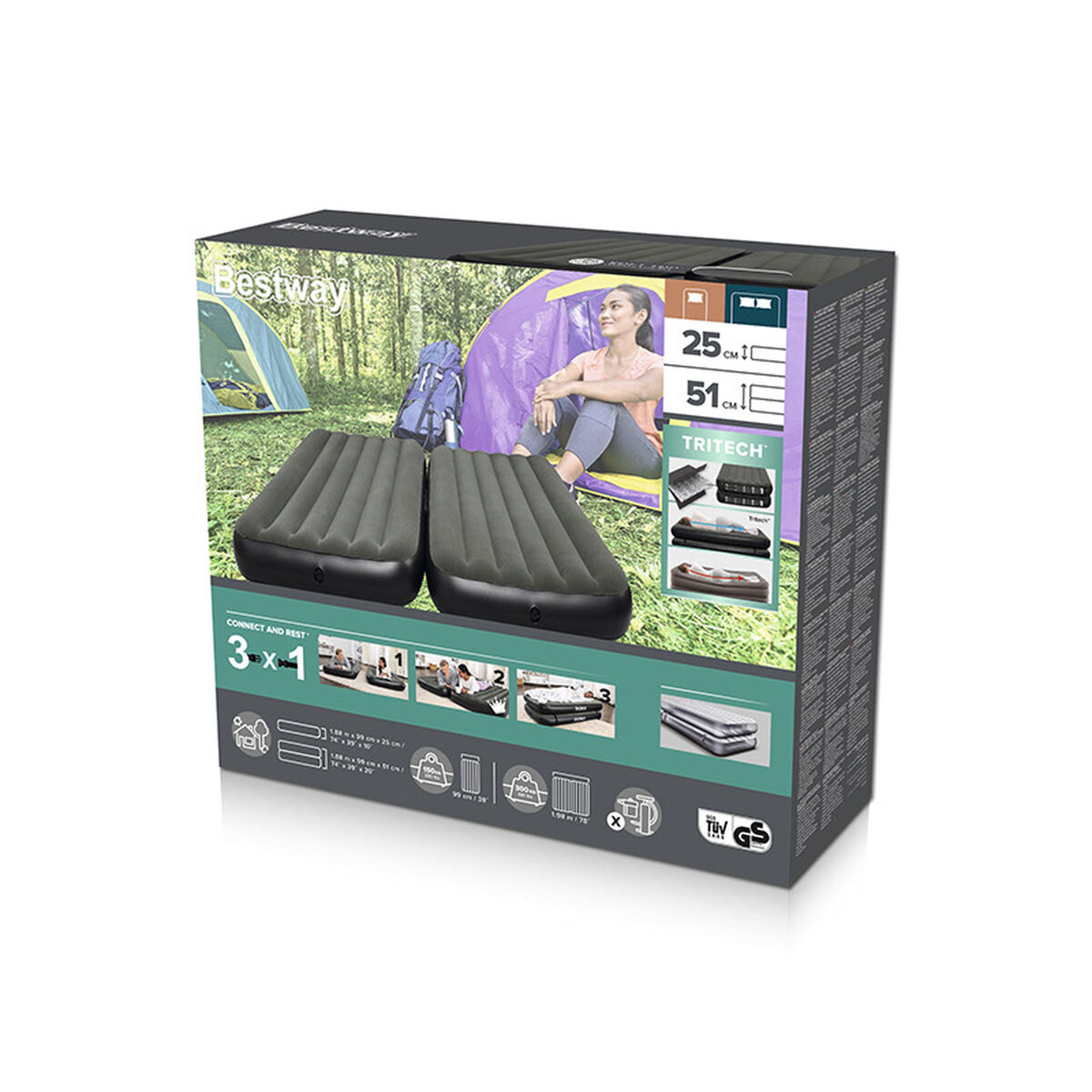 Bestway Madrass 3 i 1 Anslutningsbar 188x99x25 cm Uppblåsbar och Camping 67922 - 10