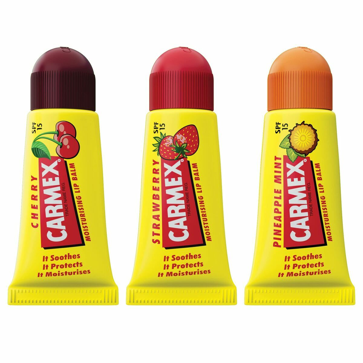 Fuktcerat Carmex Triplo Transparent Spf 15 Jordgubbe Ananas Cerise 3 Delar (3 antal)