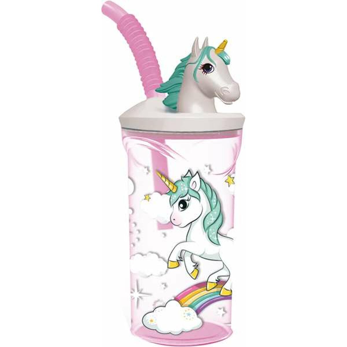 Muggen med Sugrör Stor Unicorn Rainbow Rosa (360 ml)