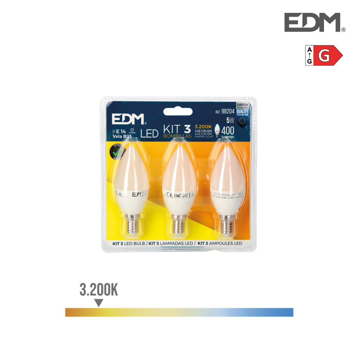 Förpackning med 3 LED-lampor EDM 98204 G 35 W 5 W 50 W E14 400 lm Ø 3,6 x 10 cm (3200 K)