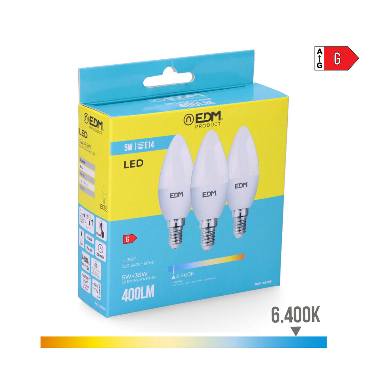 Förpackning med 3 LED-lampor EDM 98205 G 35 W 5 W 50 W E14 400 lm Ø 3,6 x 10 cm (6400 K) - 5