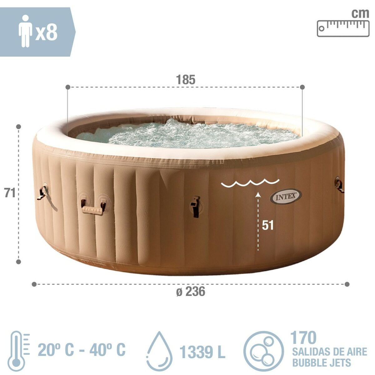 Uppblåsbart spa Intex 236 x 71 x 236 cm Brun 1339 L - 6
