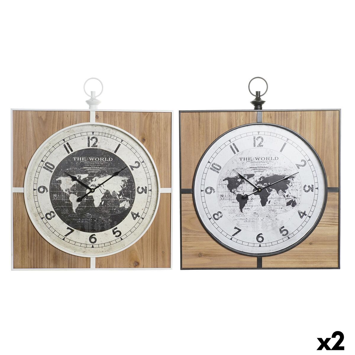 Väggklocka DKD Home Decor Svart Vit Järn Vintage 60 x 4,5 x 60 cm Trä MDF Världskarta (2 antal) - 7
