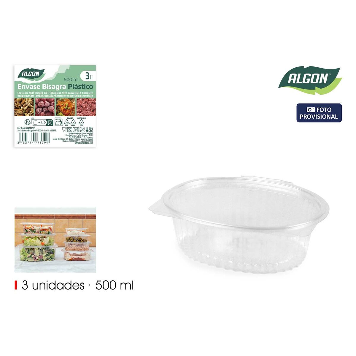 Återanvändbara matbrickor Algon OPS 500 ml 6,5 x 13,3 x 5 cm (3 Delar) (24 antal) - 2
