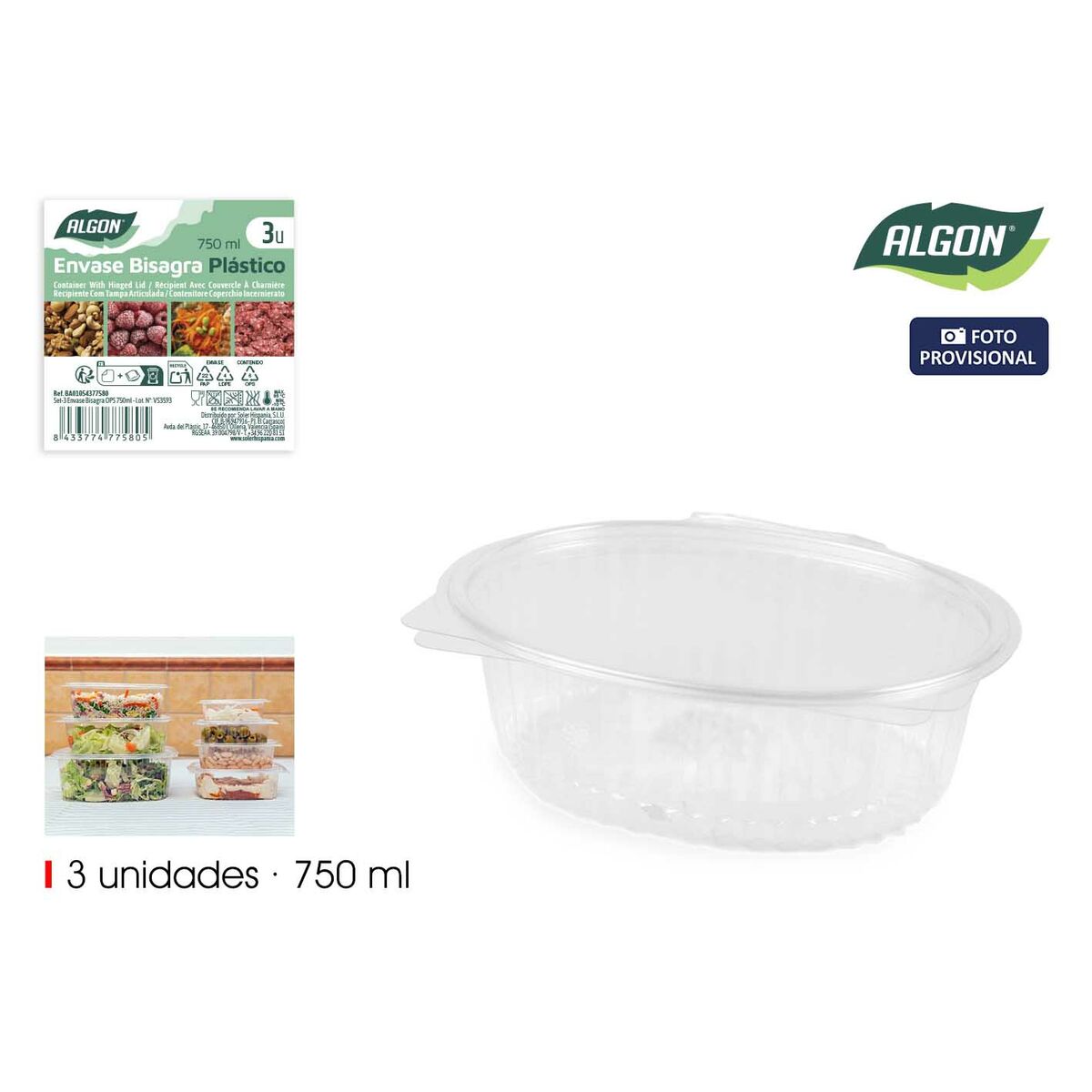 Återanvändbara matbrickor Algon OPS 750 ml 18,7 x 15,3 x 5 cm (3 Delar) (24 antal) - 2