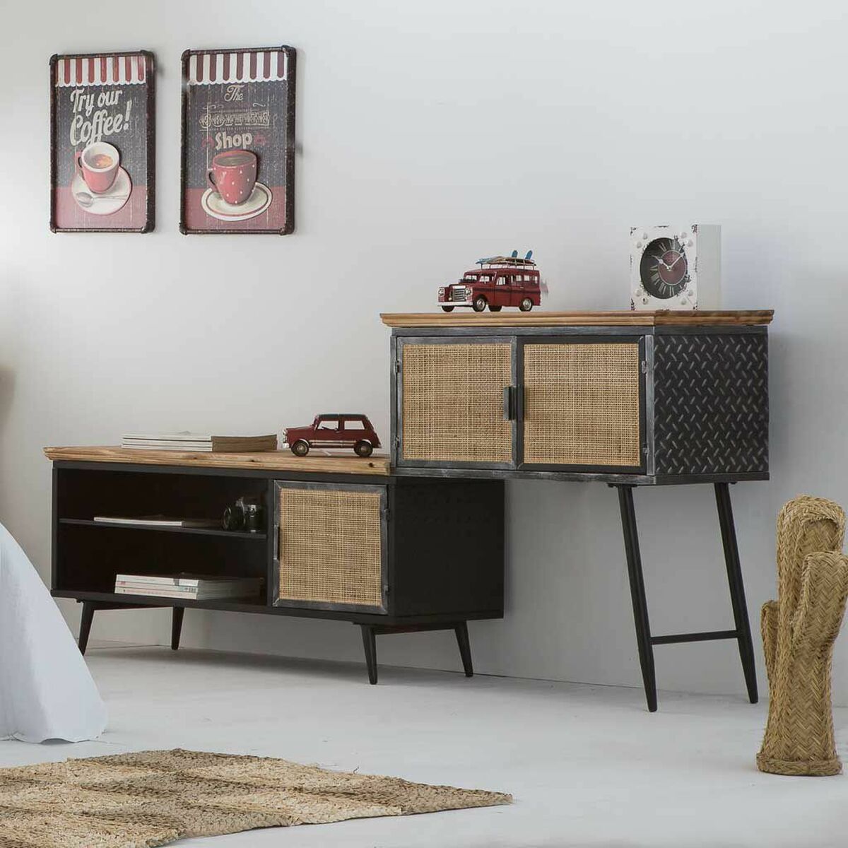 Skänk Alexandra House Living Brun Svart Grå Järn Rattan Granträ 42 x 90 x 202 cm - 3