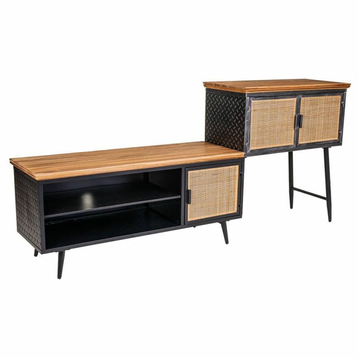 Skänk Alexandra House Living Brun Svart Grå Järn Rattan Granträ 42 x 90 x 202 cm