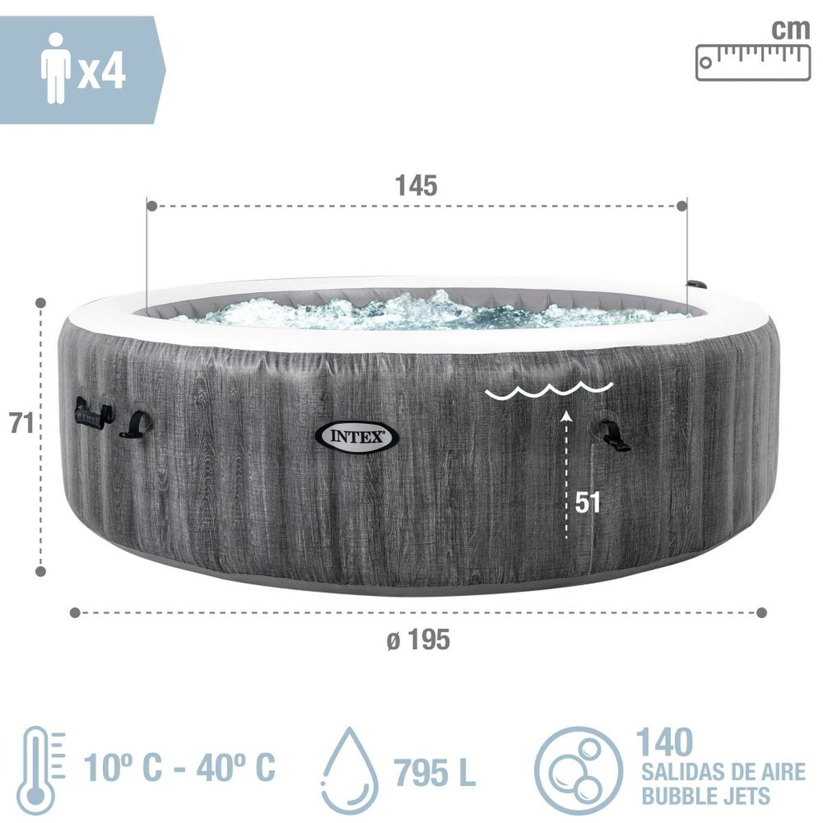 Uppblåsbart spa Intex Purespa Greywood Deluxe 28440EX 220-240 V 4 platser 1741 l/h - 6