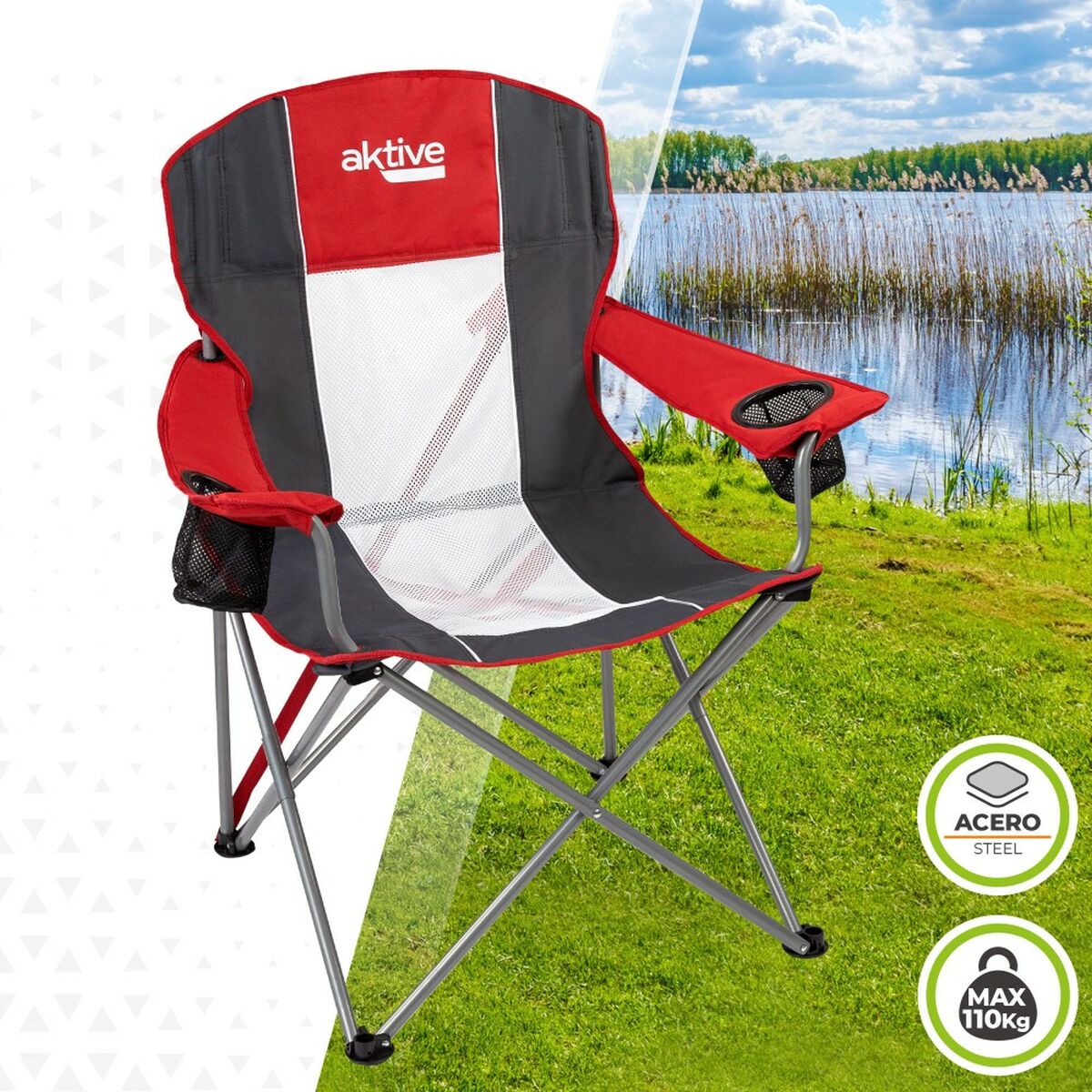 Hopfällbar campingstol Aktive Mörkgrå Röd 56 x 98 x 59 cm (4 antal) - 4