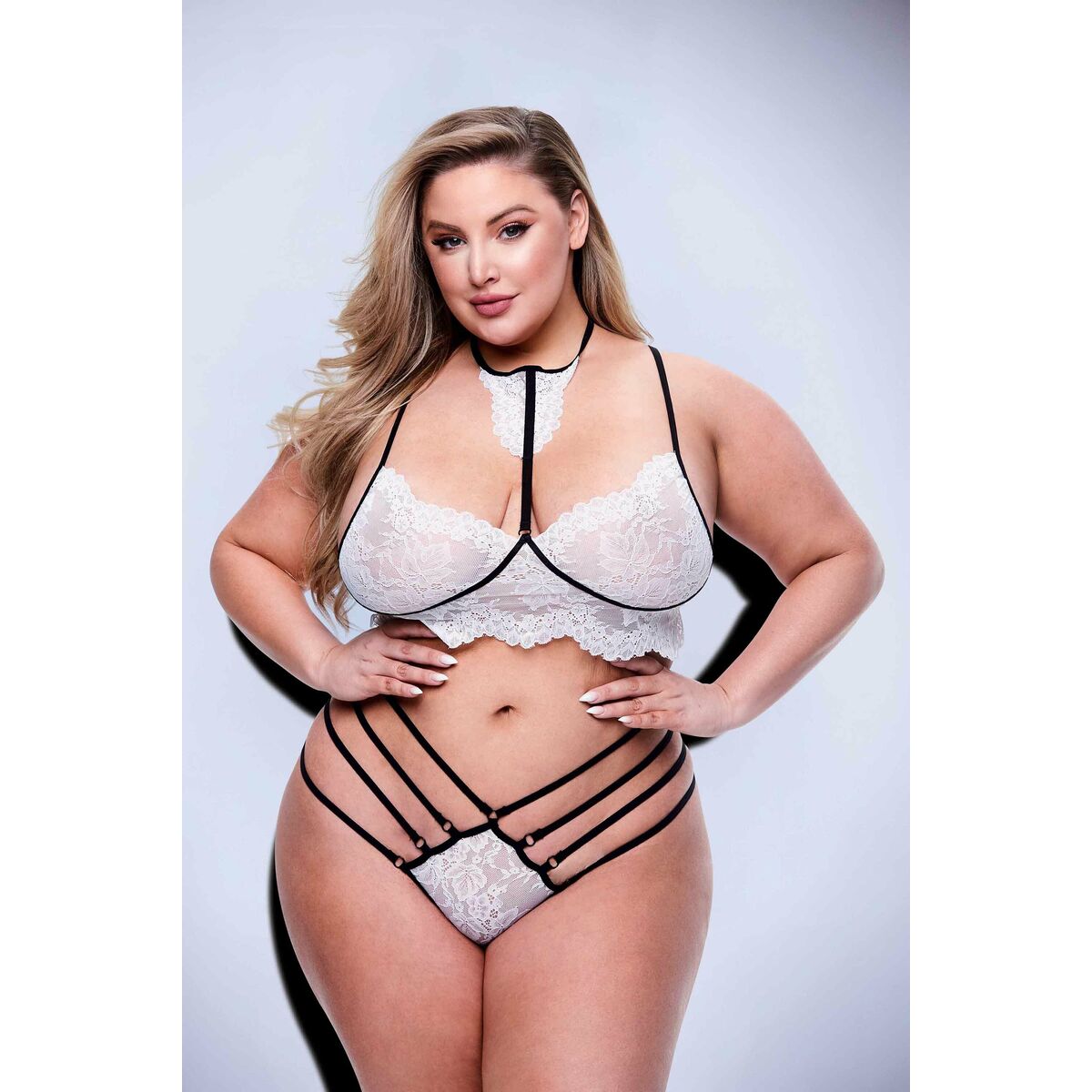 Set med underkläder Baci Lingerie Strappy Lace Vit Svart/Vit 2 Delar (Queen) - 3