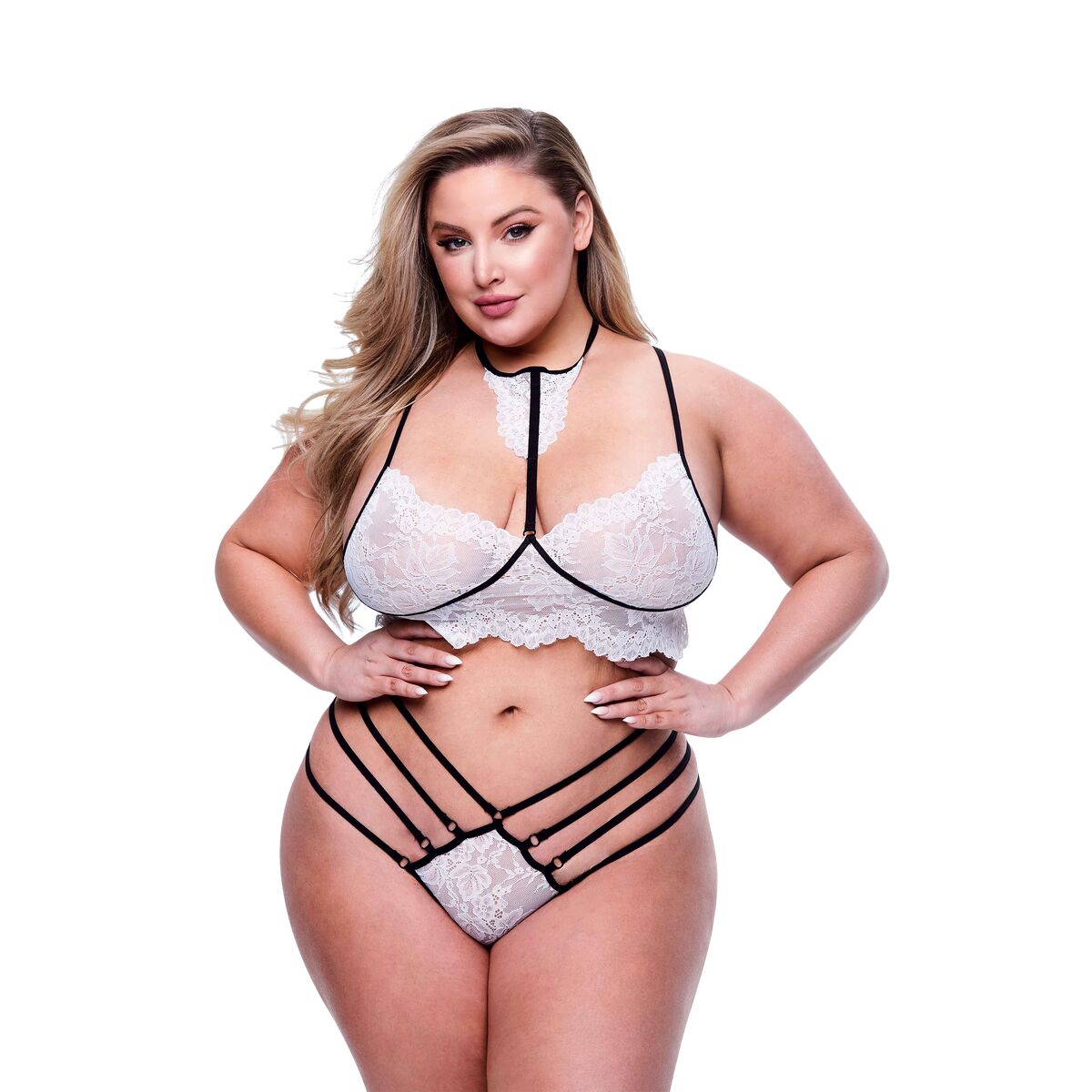 Set med underkläder Baci Lingerie Strappy Lace Vit Svart/Vit 2 Delar (Queen) - 2