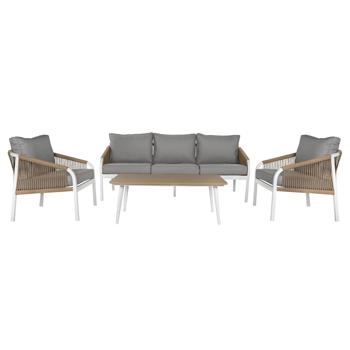 Set med bord och 3 fåtöljer Home ESPRIT Vit Naturell Ljusgrå 189 x 73 x 84 cm (4 Delar)