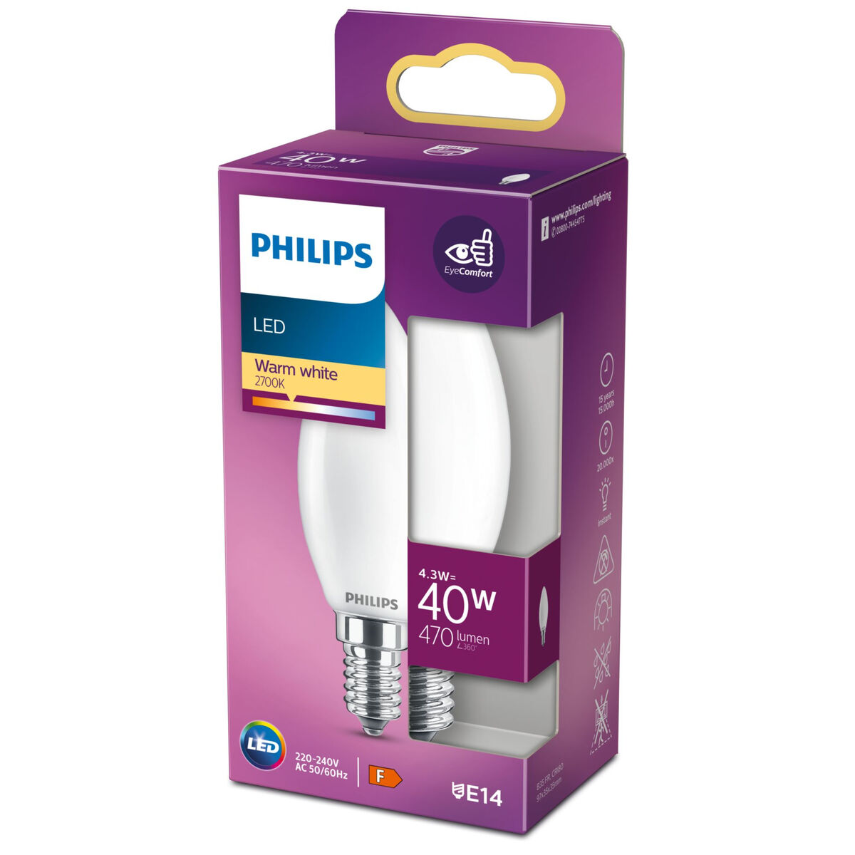 LED-lampa Philips Ljus F 4,3 W E14 470 lm 3,5 x 9,7 cm (2700 K) - 2