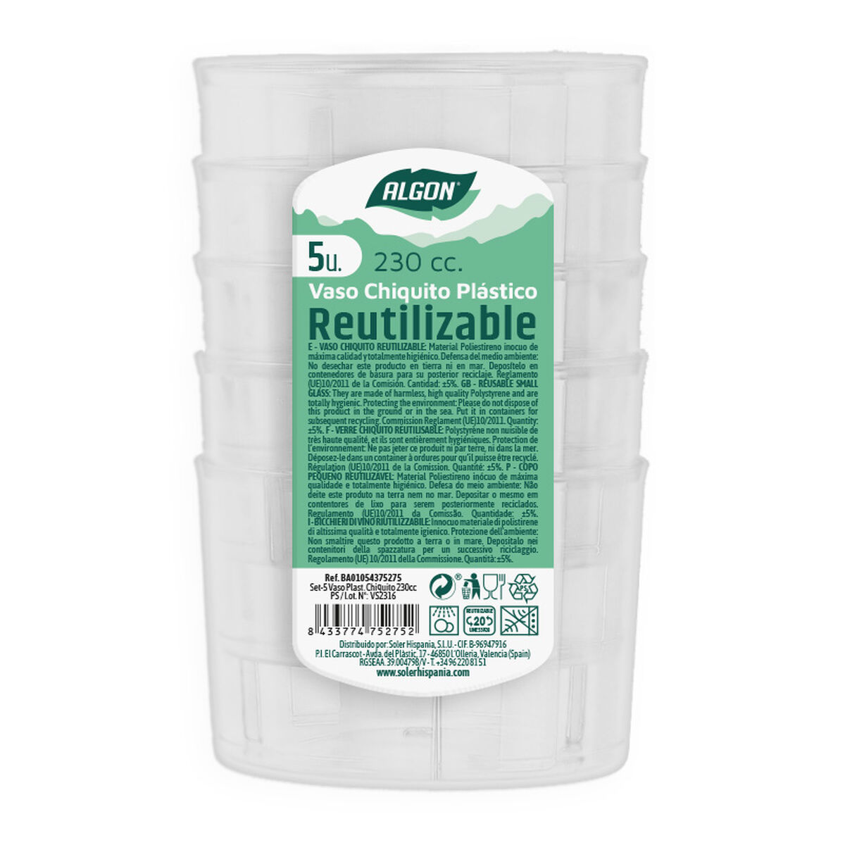 Set med återanvändbara glas Algon Låg Transparent 230 ml Plast 5 antal - 2