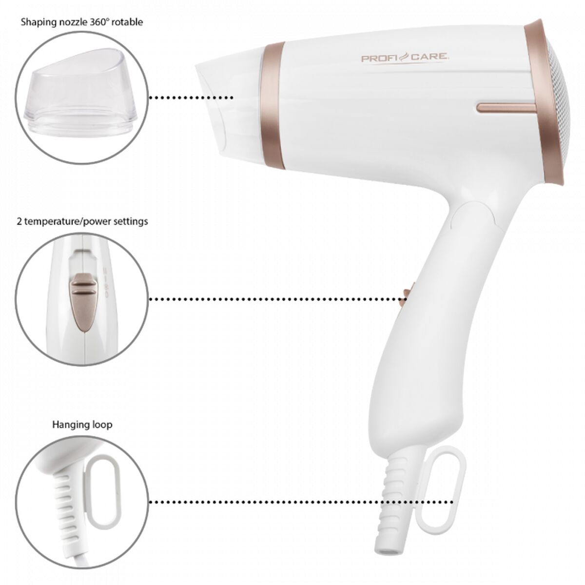 Hårtork ProfiCare PC-HT 3009 Vit Champagne Tryck 1400 W - 3