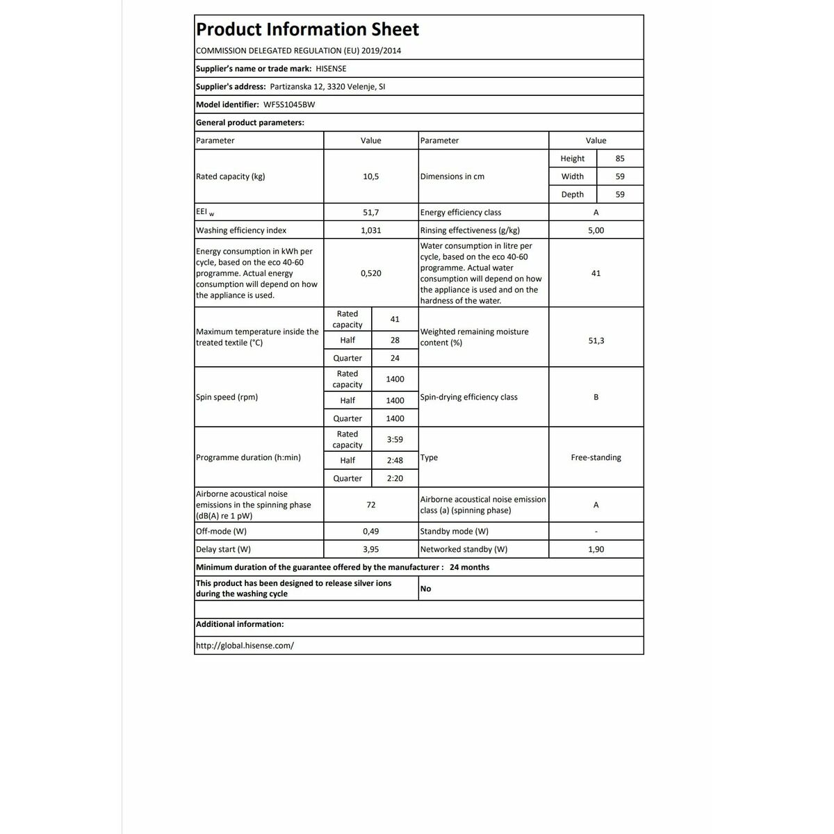 Tvättmaskin Hisense WF5S1045BW 59,5 cm 1400 rpm 10,5 kg - 3