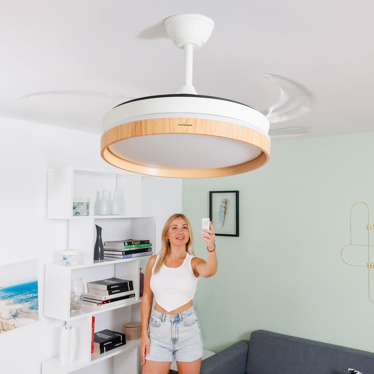 Takfläkt med LED-ljus och 4 Infällbara Blad Woteez InnovaGoods Trä 72 W Ø49-104 cm