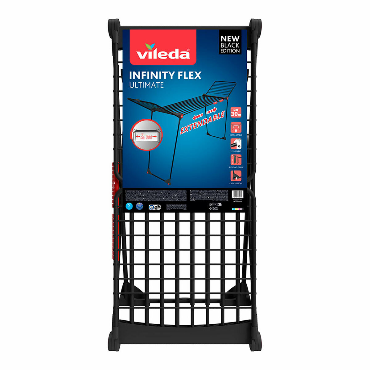 Torklina Vileda infinity flex ultimate Svart matt Stål 304 x 56 x 128 cm 30 m Utdragbar