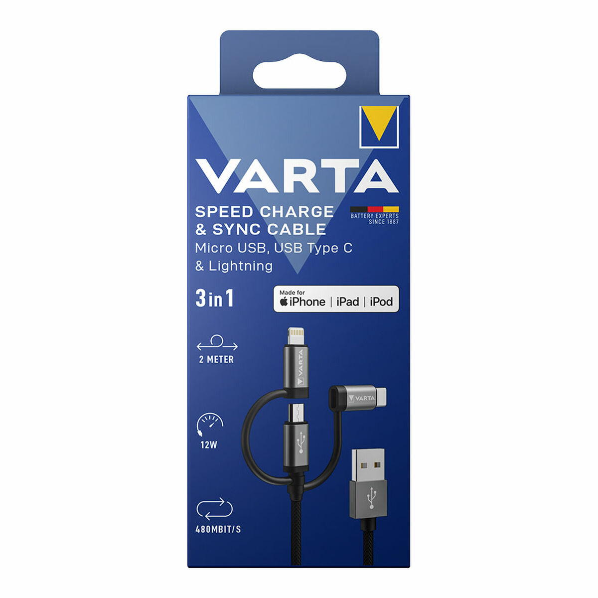 USB-kabel Varta 2 m Svart 3 i 1 USB-C Micro-USB Lightning - 2
