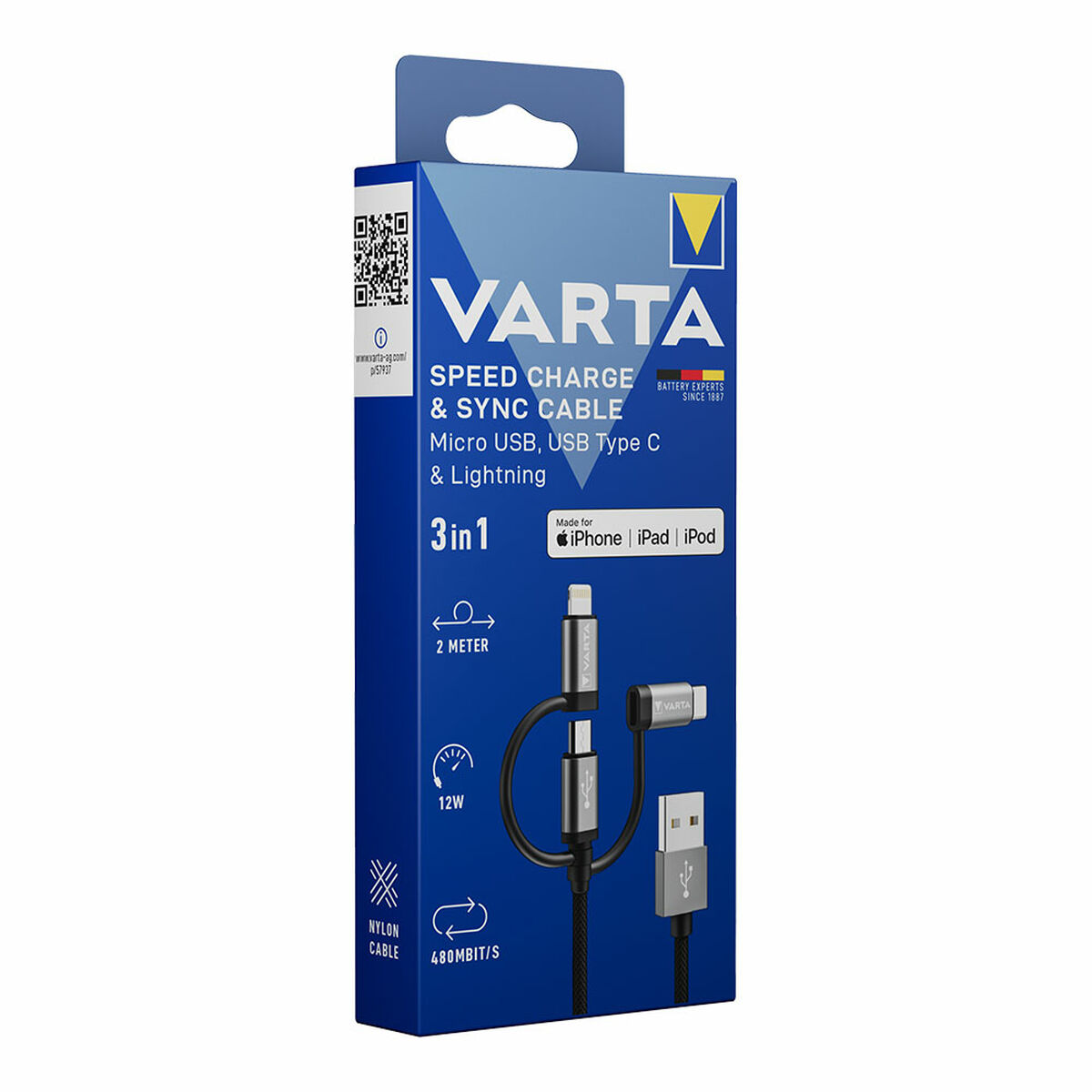 USB-kabel Varta 2 m Svart 3 i 1 USB-C Micro-USB Lightning