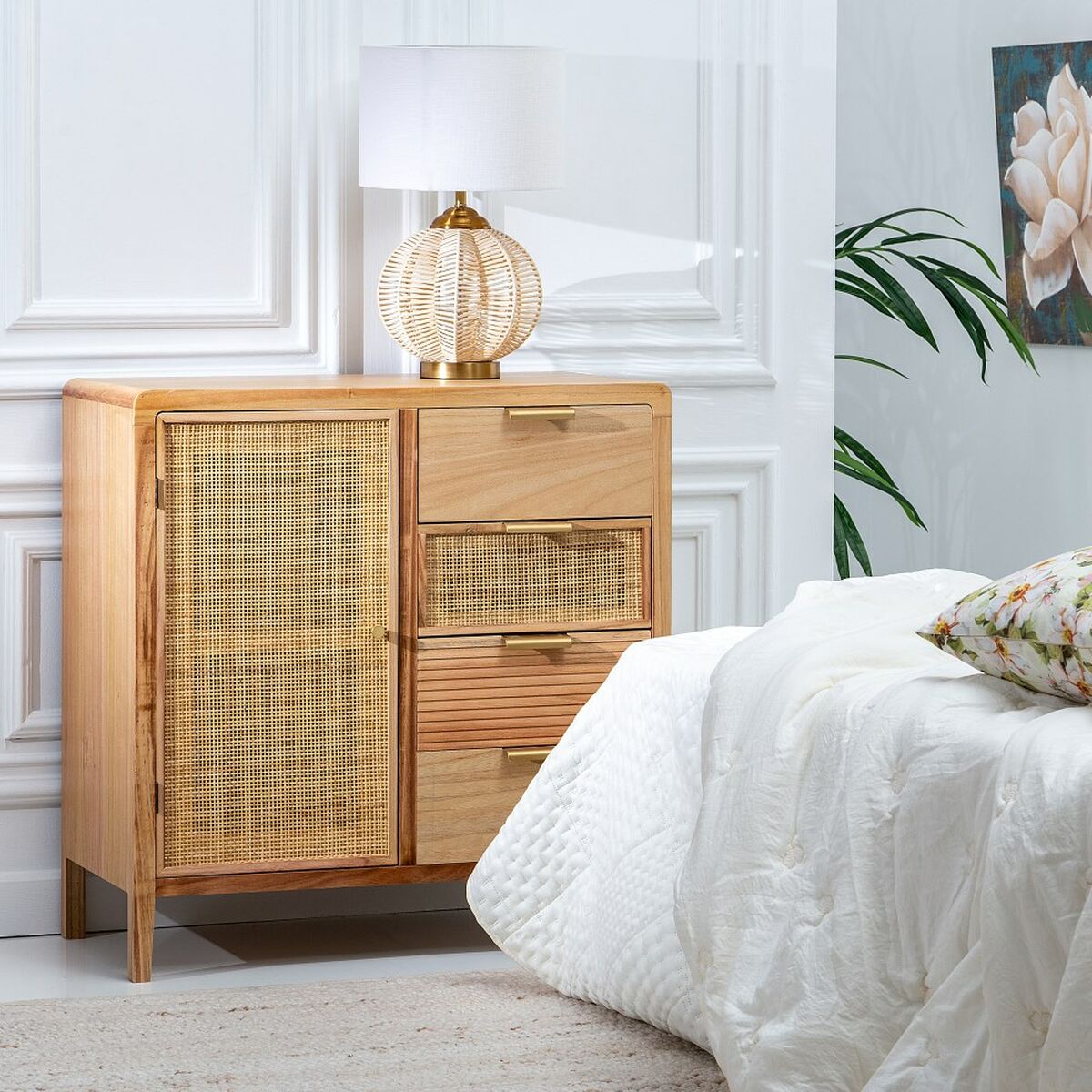 Hallmöbel med lådor HONEY 80 x 40 x 82 cm Naturell Trä Rattan - 7