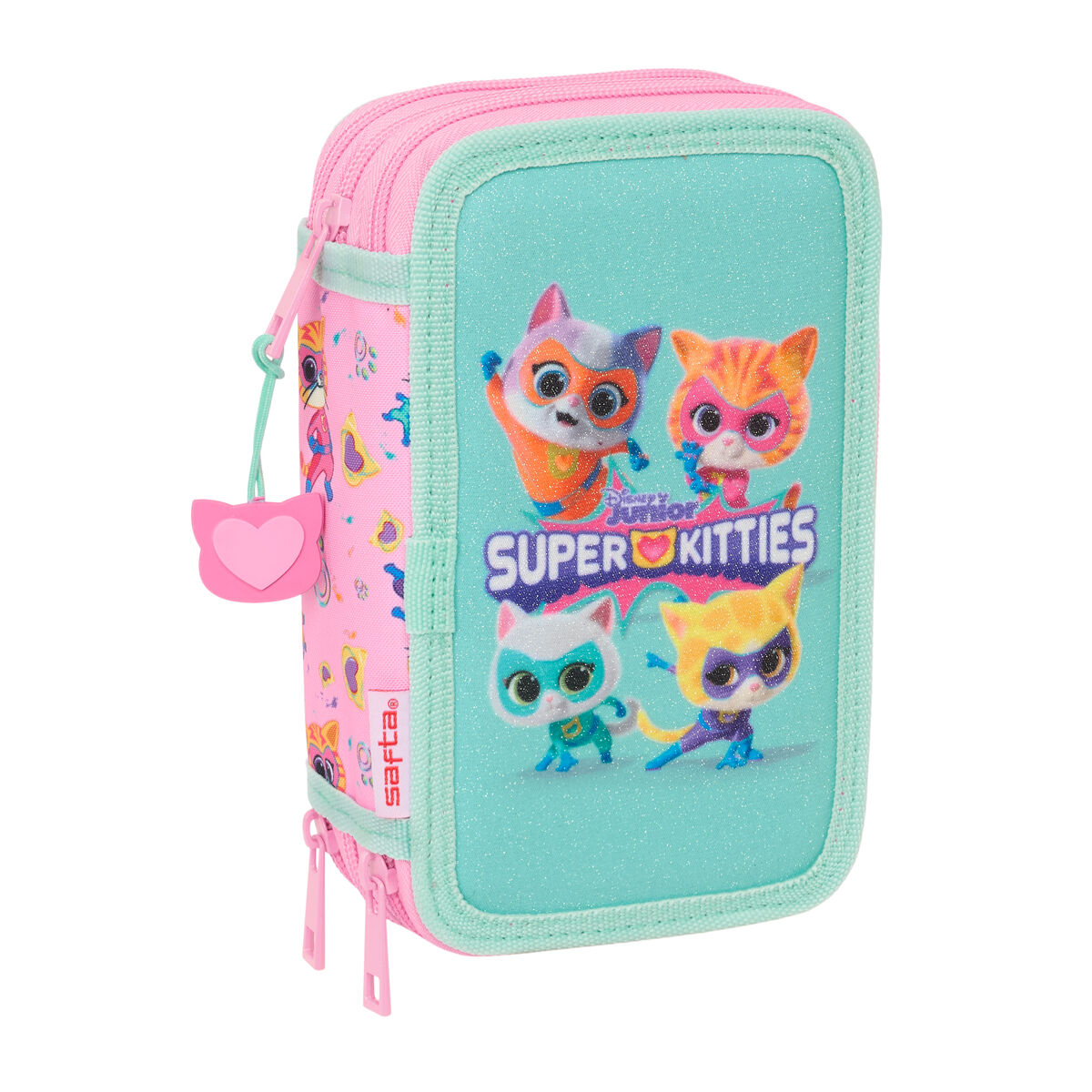 Trippel pennfodral SuperKitties Rosa Turkos 12,5 x 19,5 x 5,5 cm 37 Delar