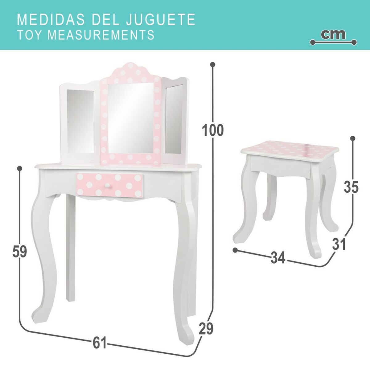 Sminkbord med pall Teamson Rosa Vit Ärta 63 x 100 x 29 cm - 12