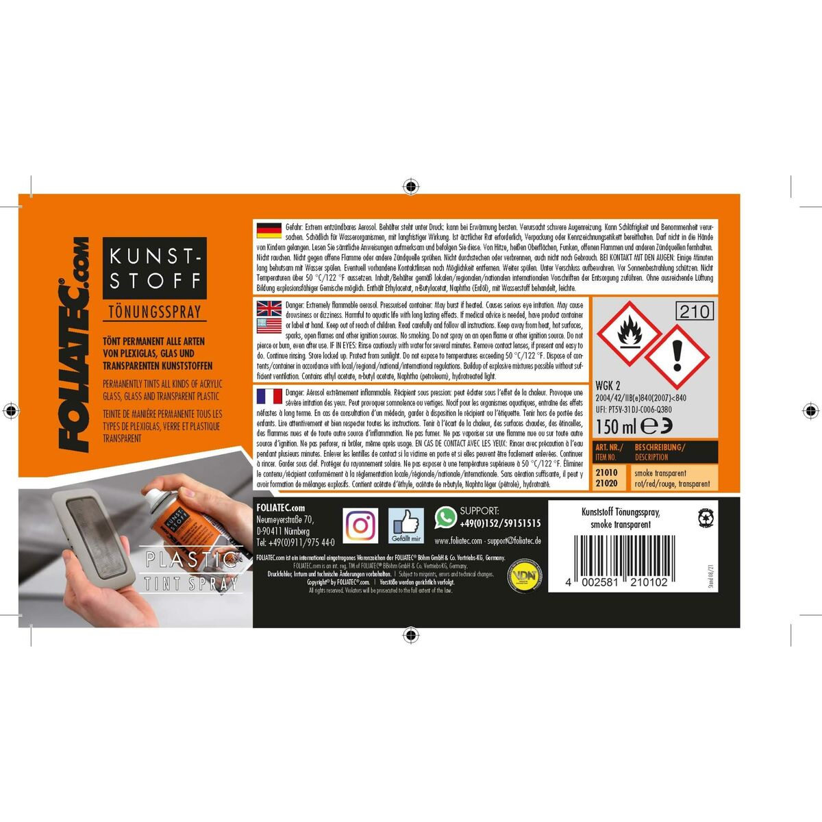Sprejfärg Foliatec 21020 Röd Färga Genomskinligt 150 ml - 2