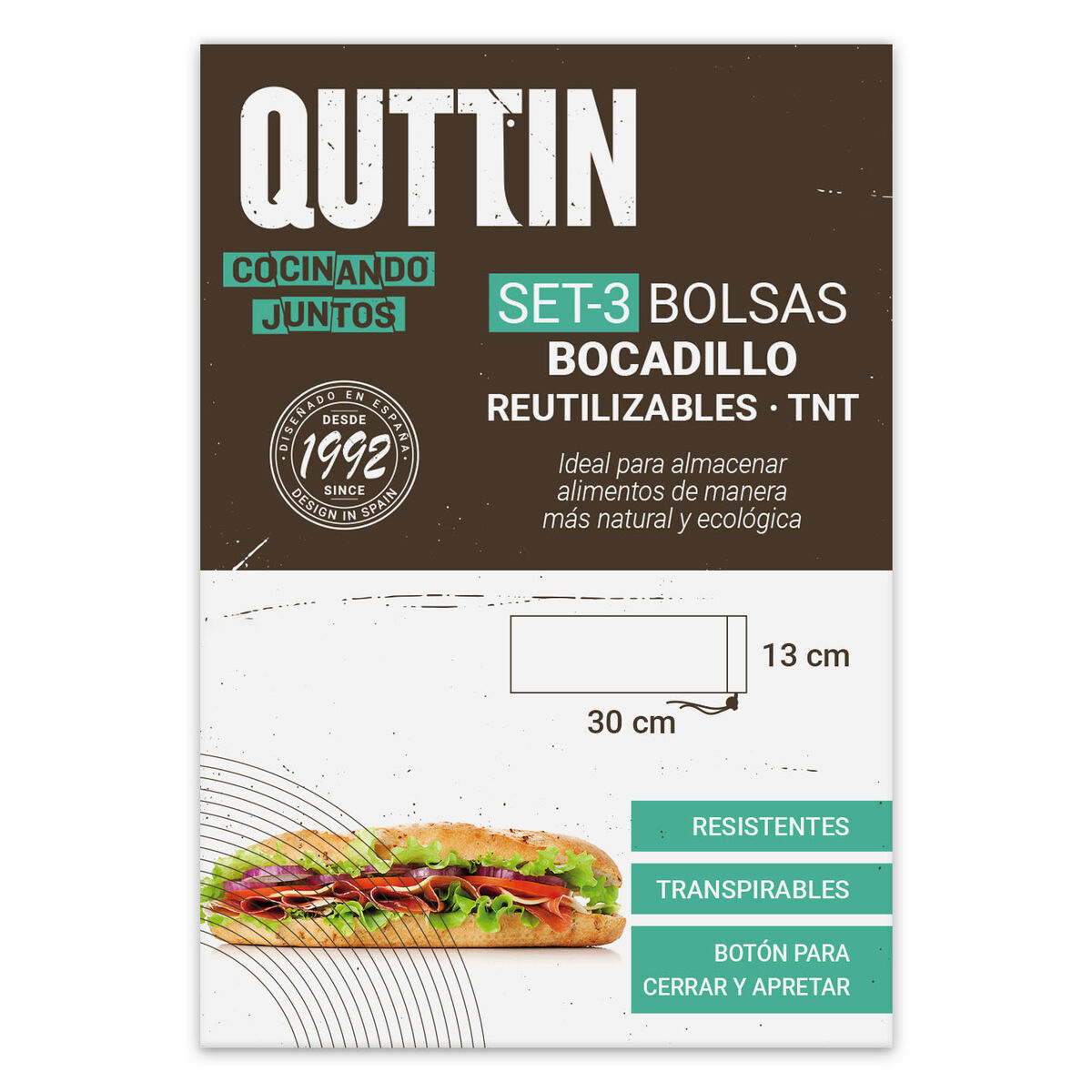 Set med återanvändningsbara livsmedelspåsar Quttin Lunchväska TNT (Non Woven) 3 Delar 13 x 30 cm (36 antal) - 5