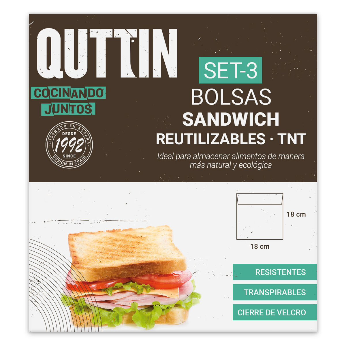 Set med återanvändningsbara livsmedelspåsar Quttin Lunchväska TNT (Non Woven) 3 Delar 18 x 18 cm (36 antal) - 2