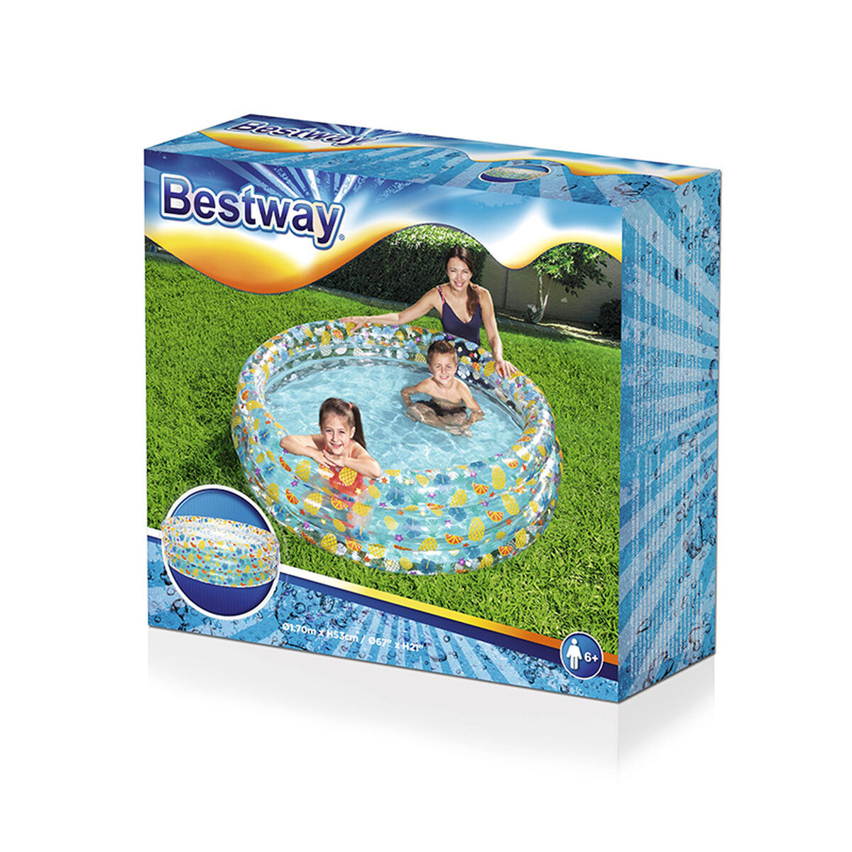 Bestway Uppblåsbar Pool 3 Ringar Transparent Tropisk 170x53 cm +6 År Trädgård 51048 - 2