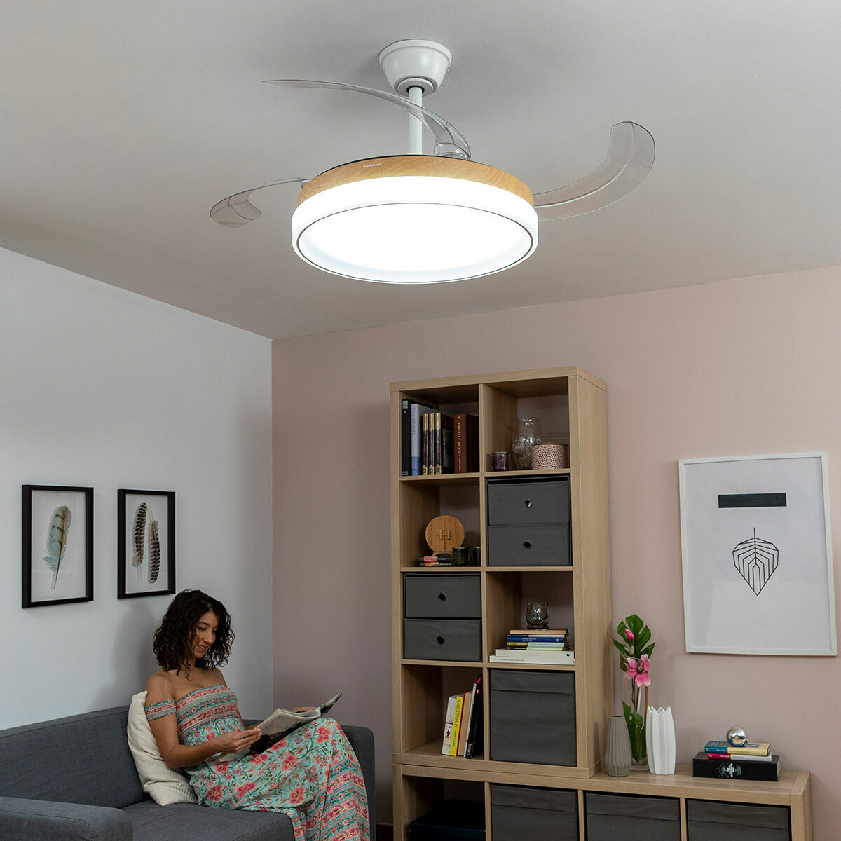 Takfläkt med LED-ljus och 4 Infällbara Blad Blalefan InnovaGoods Trä 72 W Ø49,5-104 cm - 4