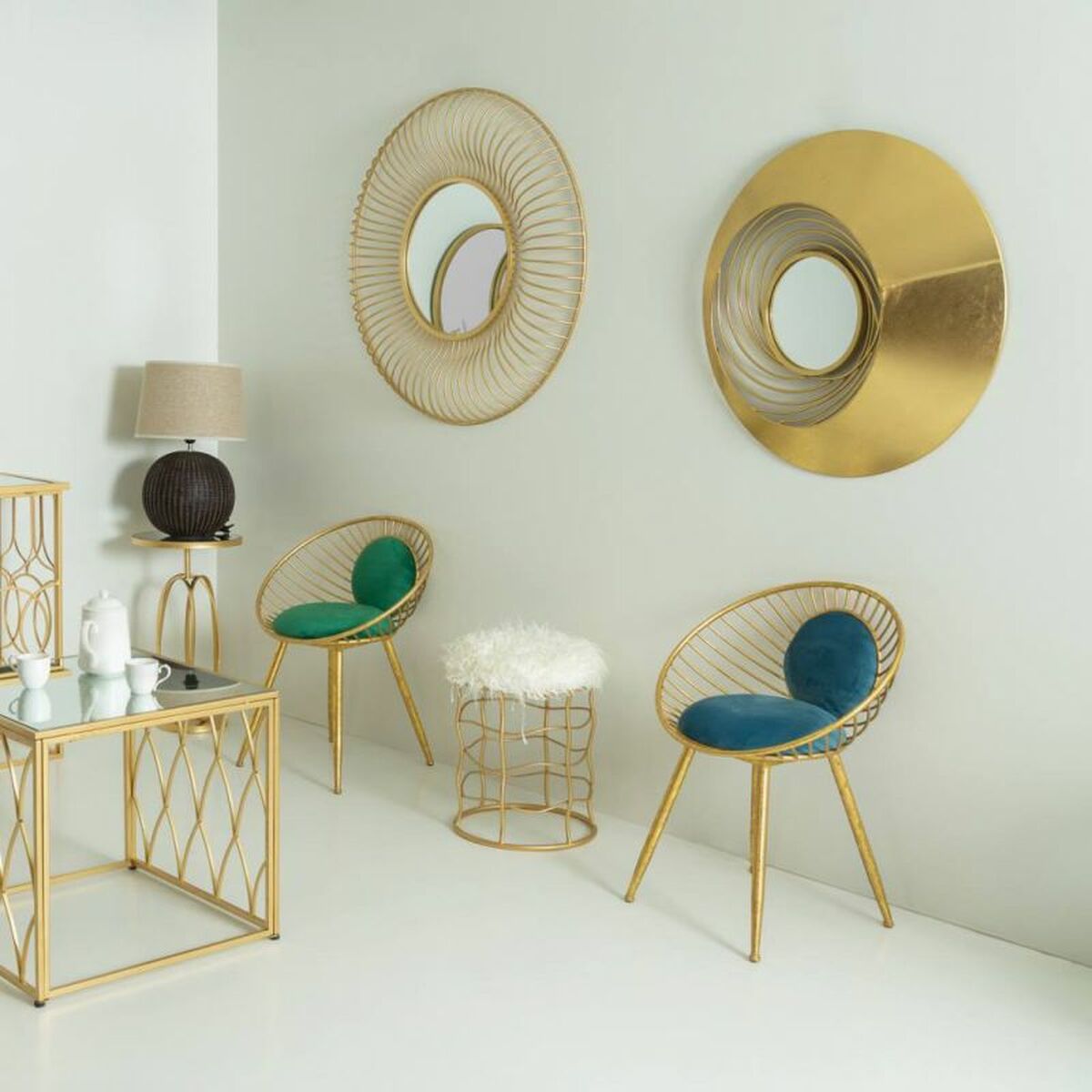 Sittpall Alexandra House Living Guld Metall Badsvamp Trä MDF Tyg 36 x 46 x 36 cm - 2