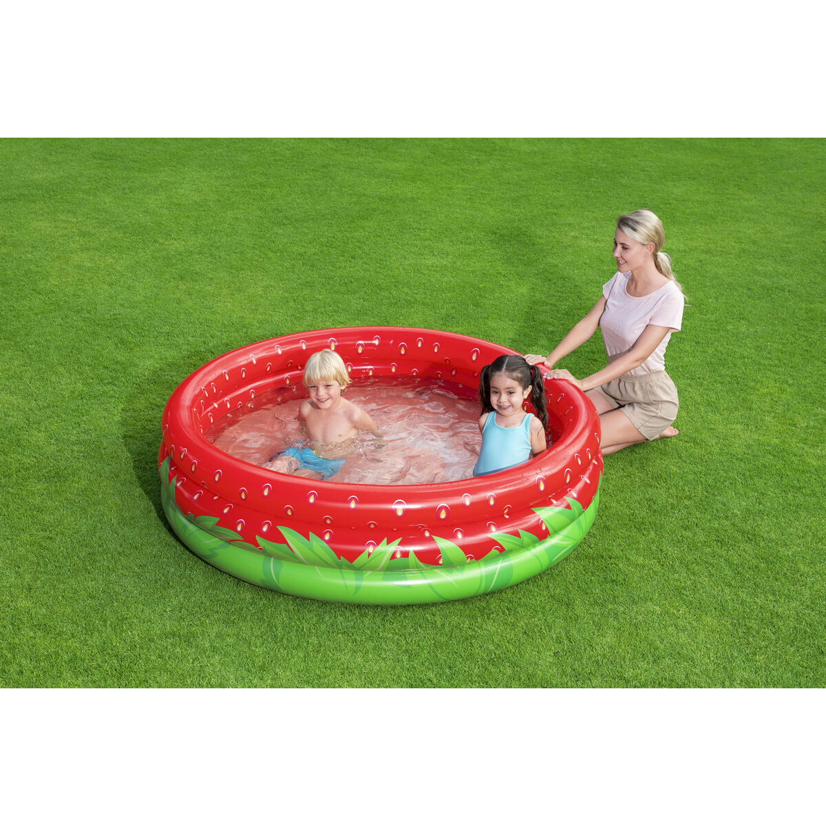 Bestway Uppblåsbar barnpool 3 ringar Jordgubb 168x38 cm +2 År Trädgård 51145 - 4